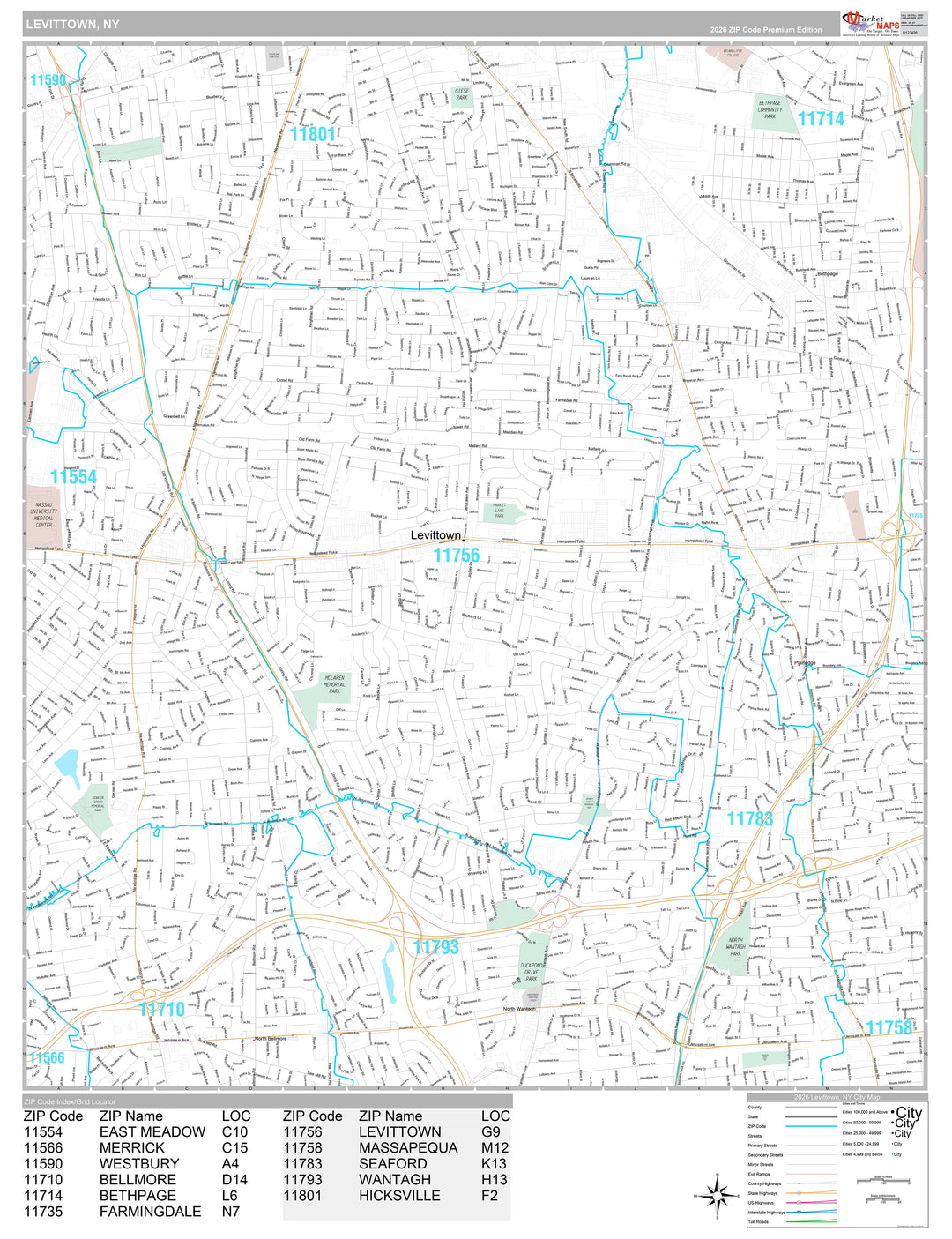 Premium Style Wall Map of Levittown, NY