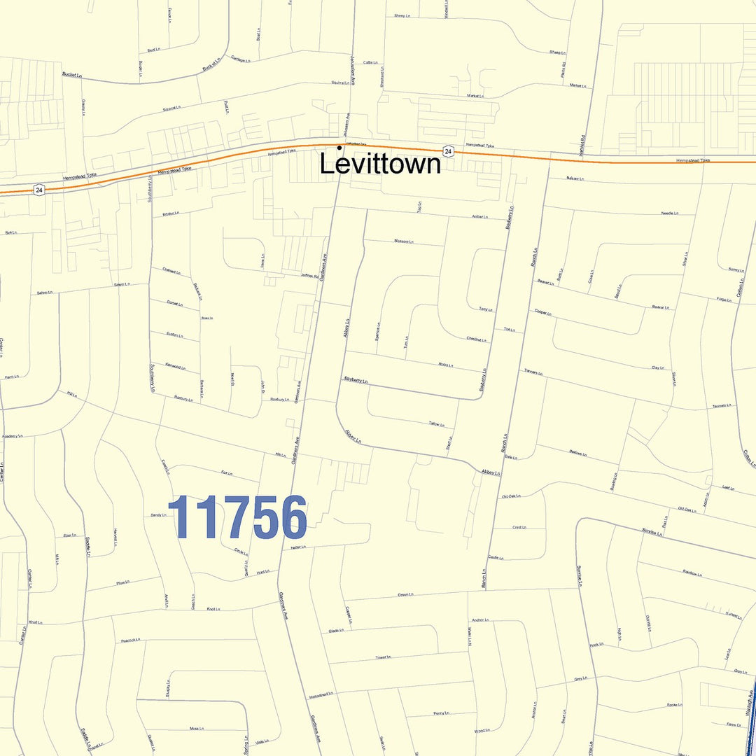Color Cast Zip Code Style Wall Map of Levittown, NY