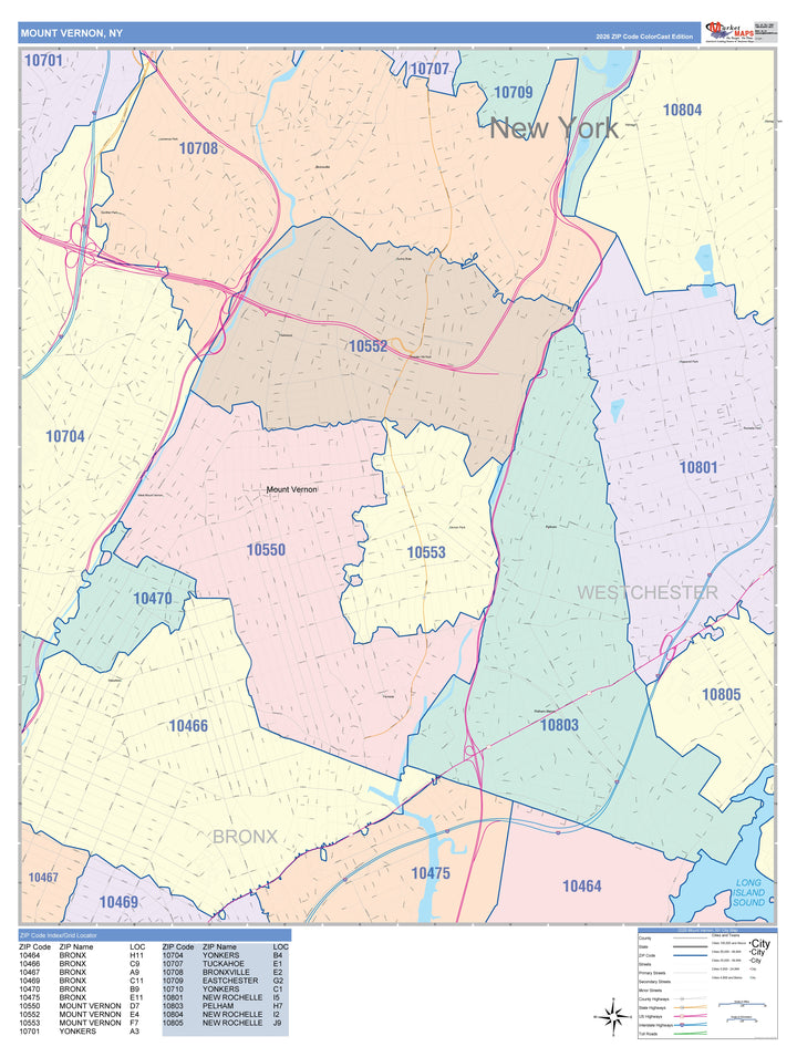 Color Cast Zip Code Style Wall Map of Mount Vernon, NY