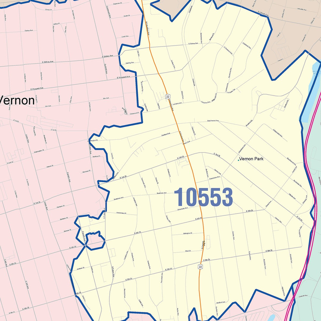 Color Cast Zip Code Style Wall Map of Mount Vernon, NY