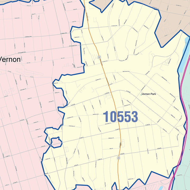 Color Cast Zip Code Style Wall Map of Mount Vernon, NY
