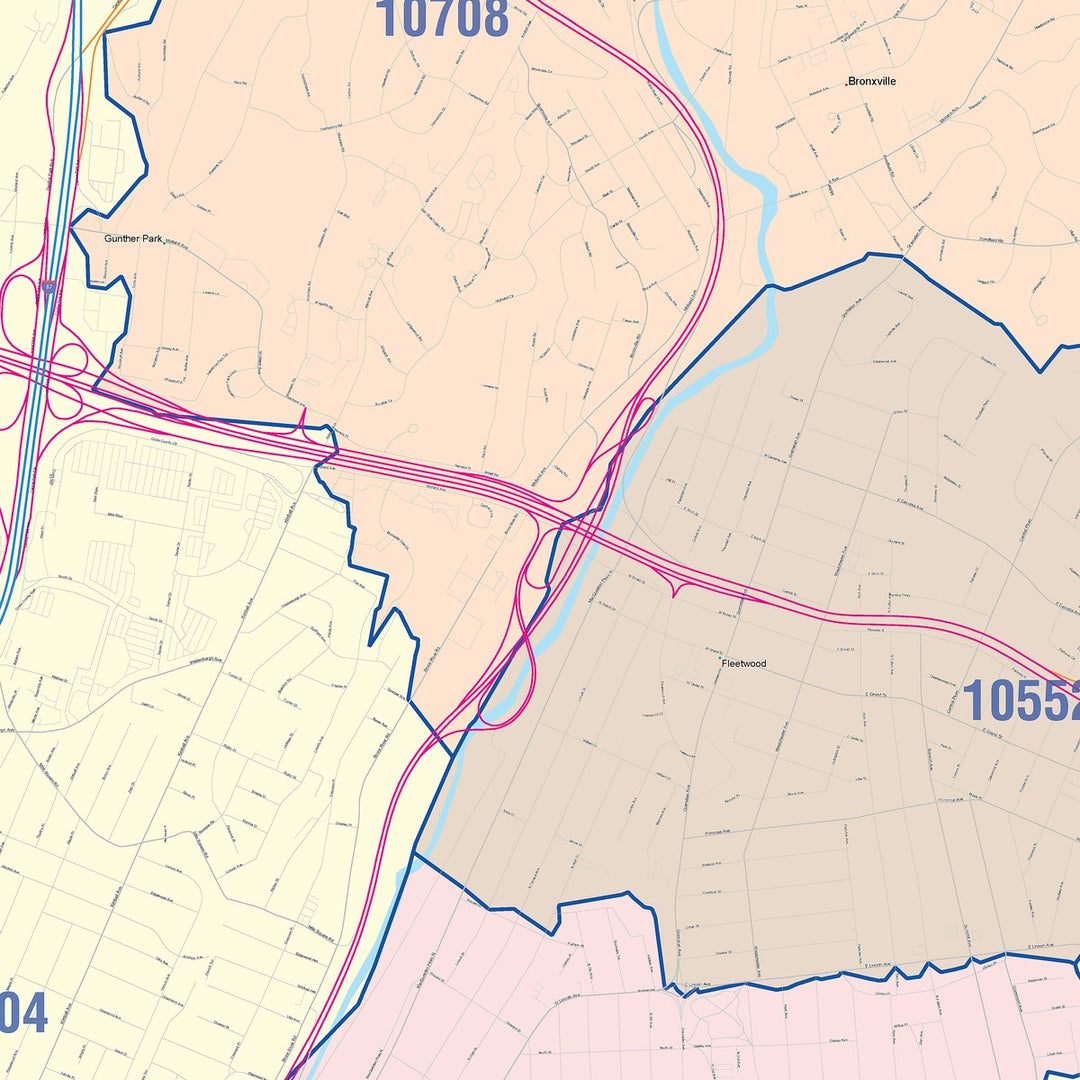 Color Cast Zip Code Style Wall Map of Mount Vernon, NY