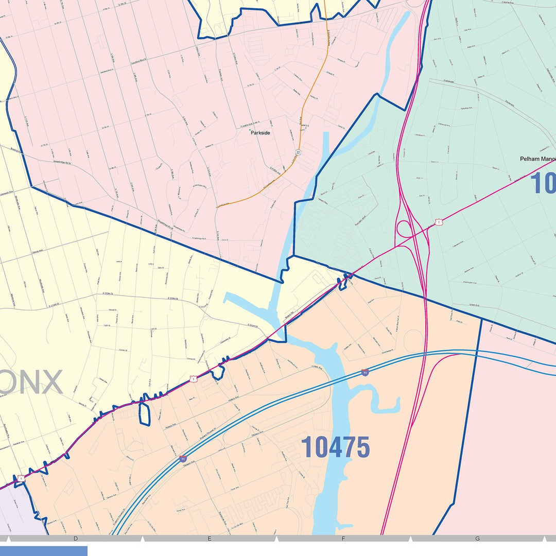 Color Cast Zip Code Style Wall Map of Mount Vernon, NY