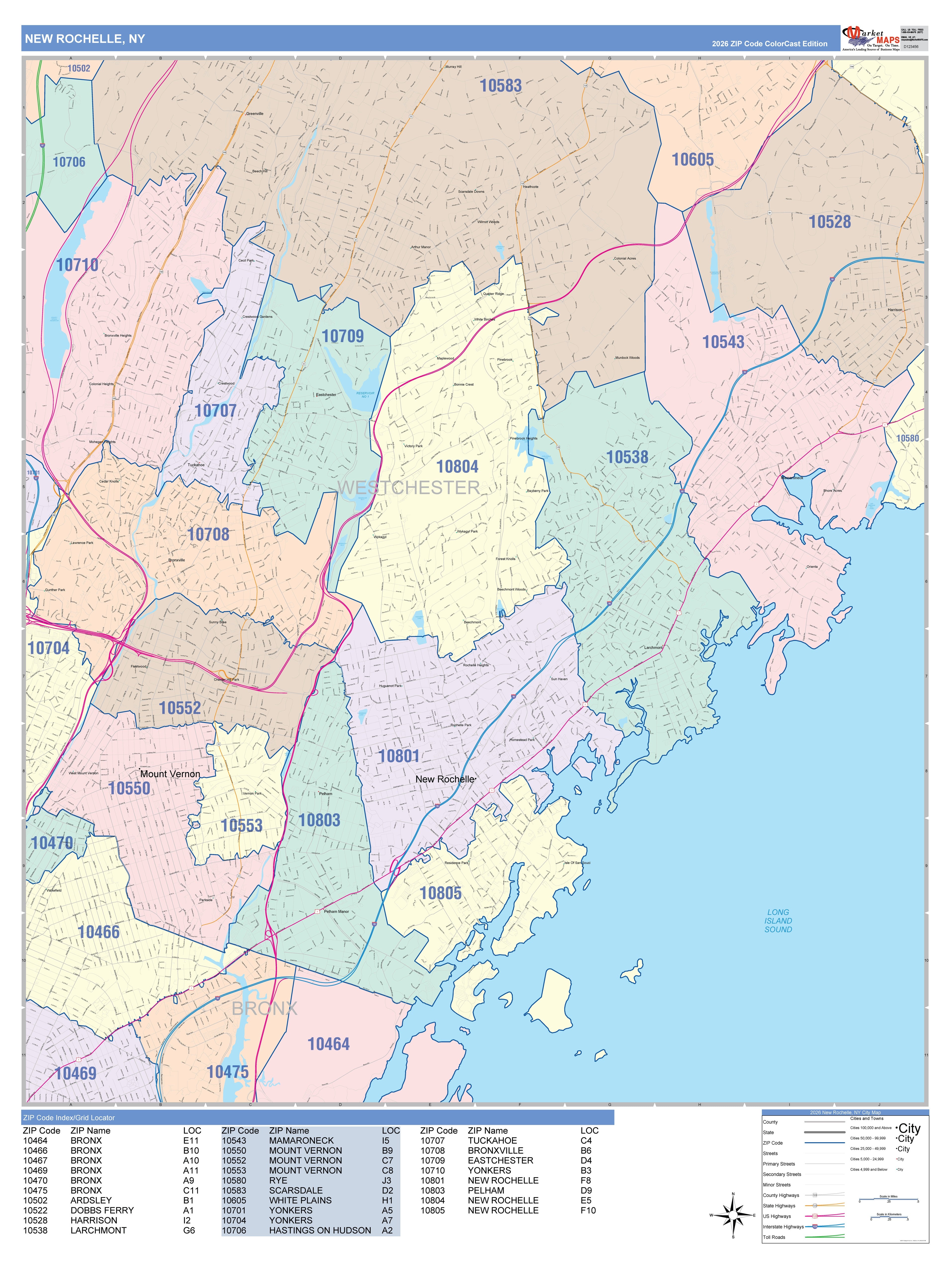 Color Cast Zip Code Style Wall Map of New Rochelle, NY – American Map Store