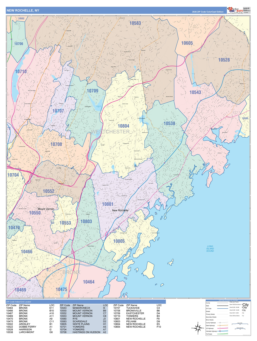 Color Cast Zip Code Style Wall Map of New Rochelle, NY