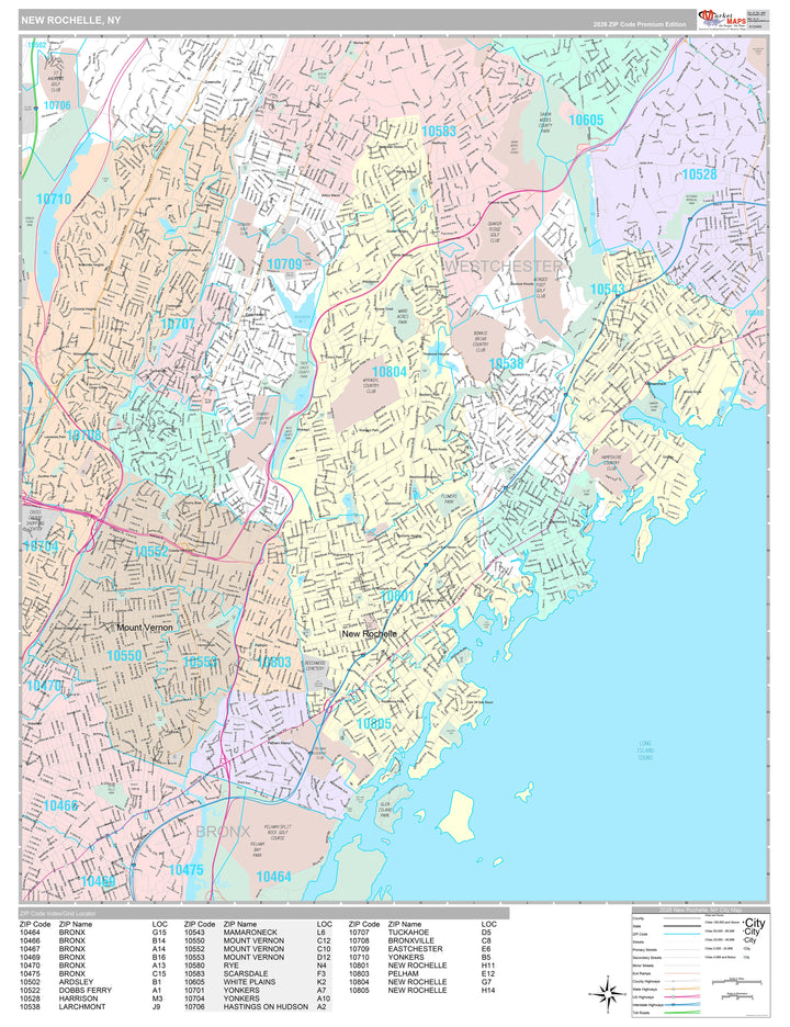 Premium Style Wall Map of New Rochelle, NY
