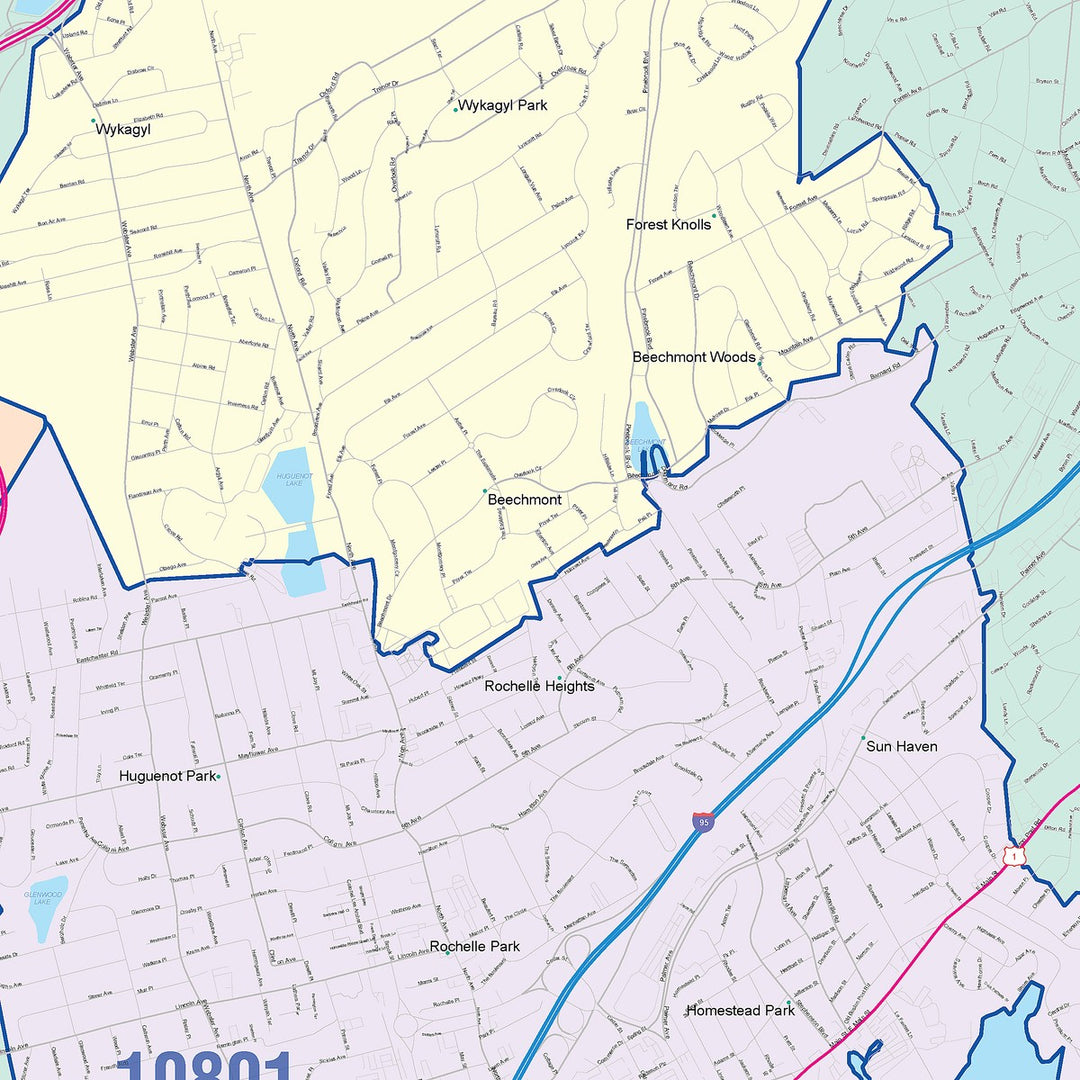 Color Cast Zip Code Style Wall Map of New Rochelle, NY