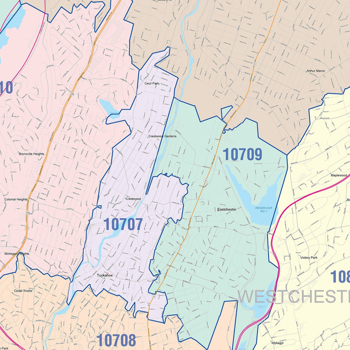 Color Cast Zip Code Style Wall Map of New Rochelle, NY