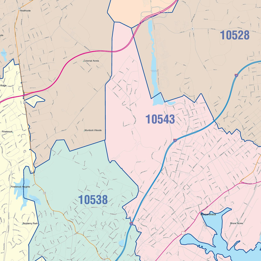 Color Cast Zip Code Style Wall Map of New Rochelle, NY