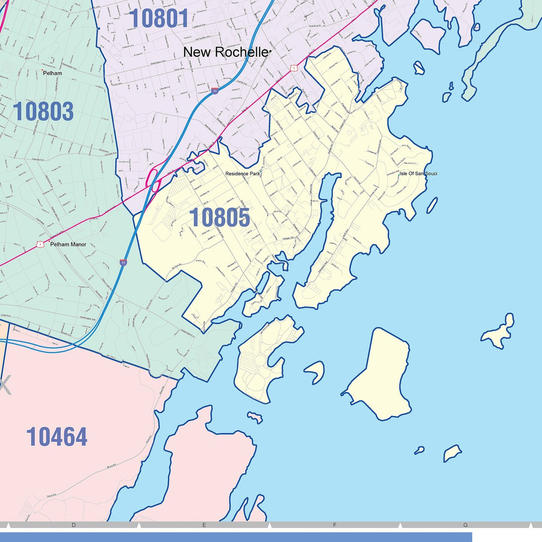 Color Cast Zip Code Style Wall Map of New Rochelle, NY
