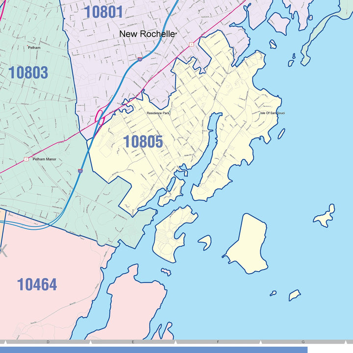 Color Cast Zip Code Style Wall Map of New Rochelle, NY