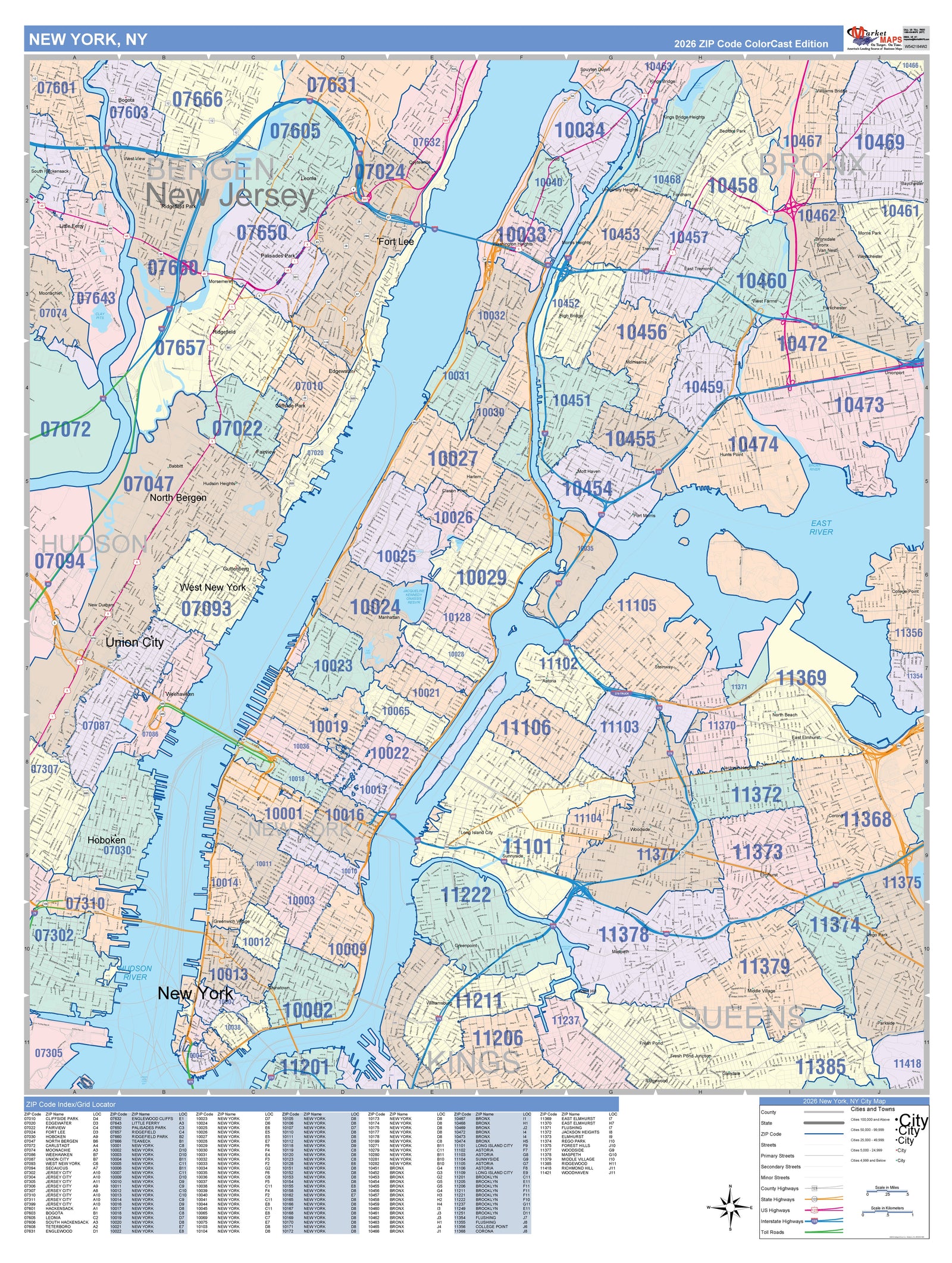 Color Cast Zip Code Style Wall Map of New York NY