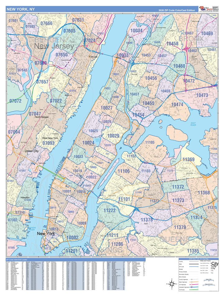 Color Cast Zip Code Style Wall Map of New York NY