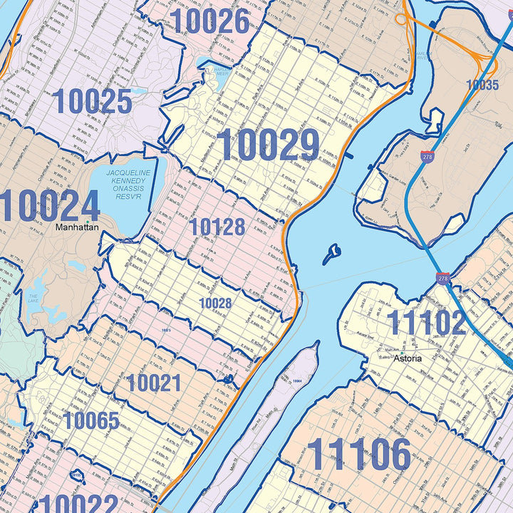 Color Cast Zip Code Style Wall Map of New York NY