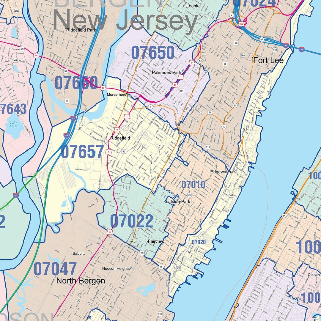 Color Cast Zip Code Style Wall Map of New York NY