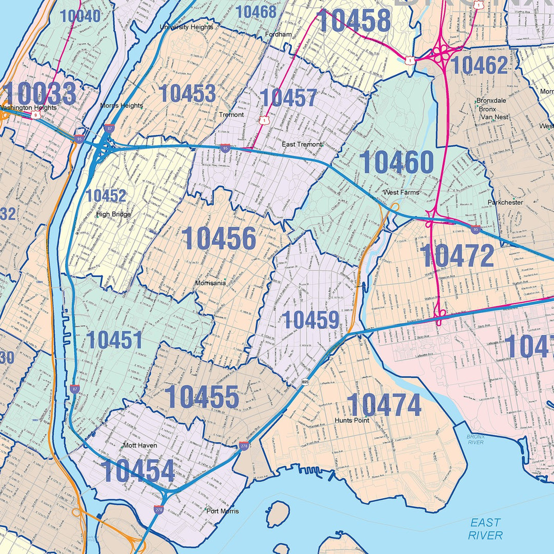 Color Cast Zip Code Style Wall Map of New York NY