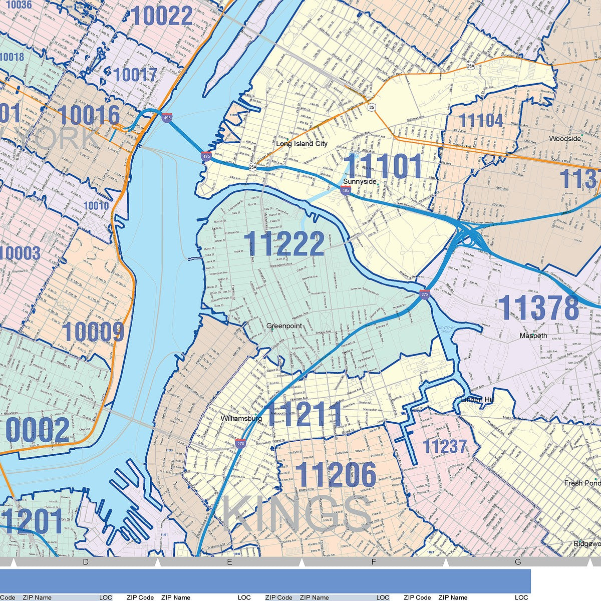 Color Cast Zip Code Style Wall Map of New York, NY – American Map