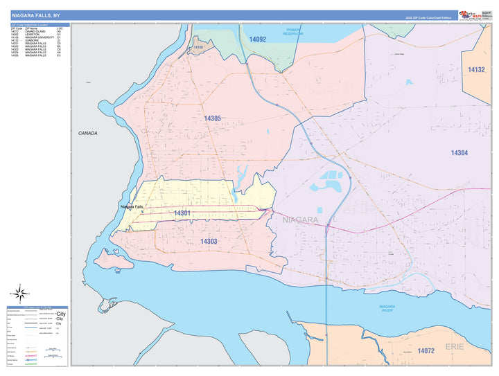 Color Cast Zip Code Style Wall Map of Niagara Falls, NY