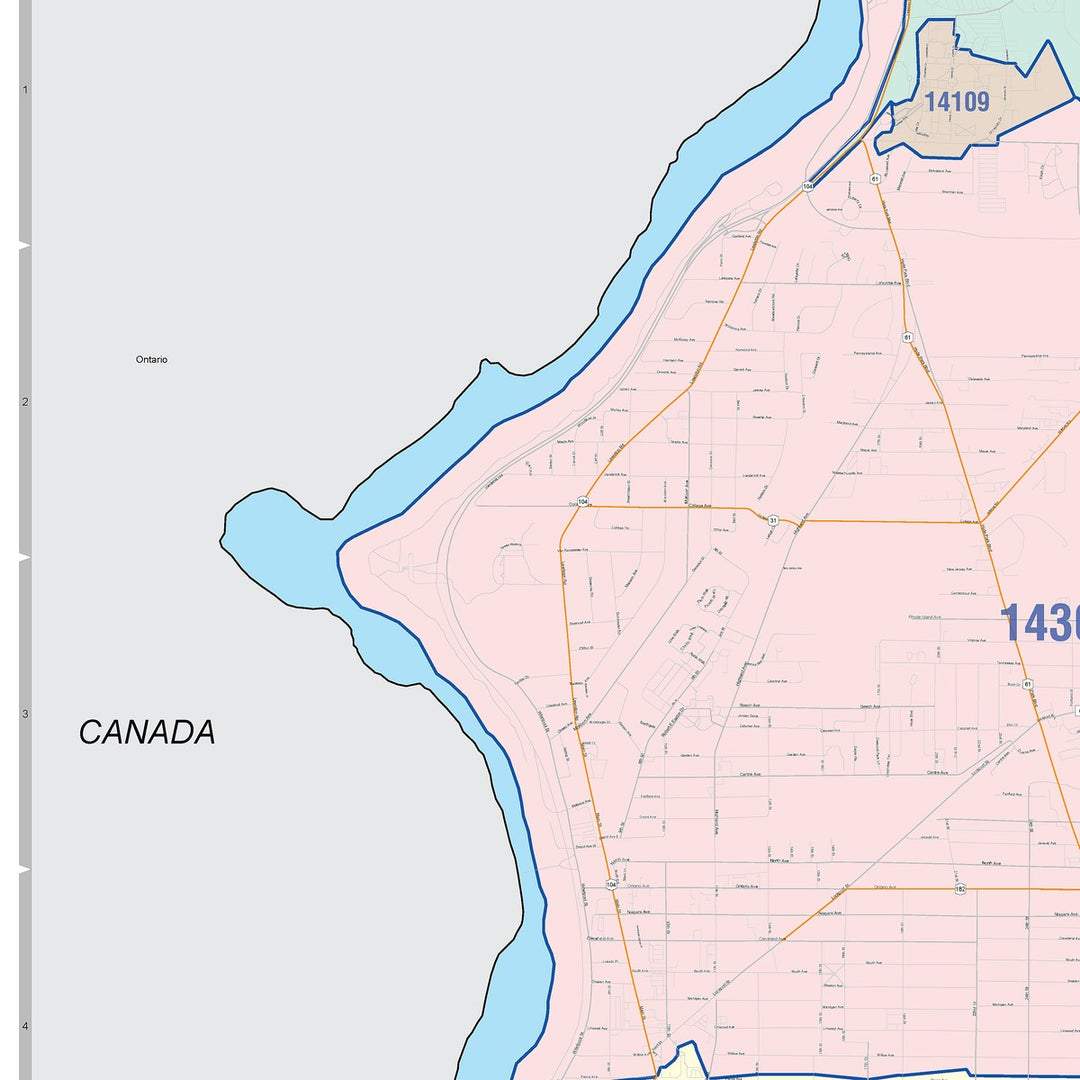 Color Cast Zip Code Style Wall Map of Niagara Falls, NY