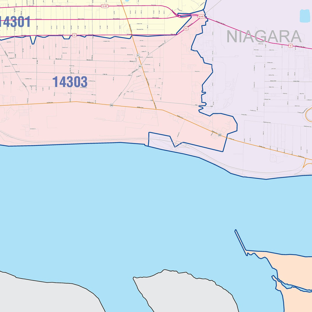 Color Cast Zip Code Style Wall Map of Niagara Falls, NY