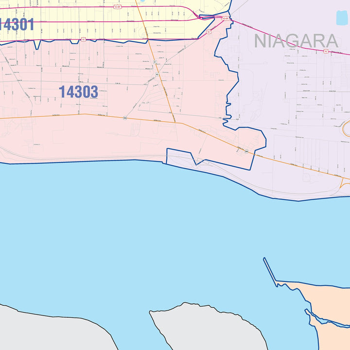 Color Cast Zip Code Style Wall Map of Niagara Falls, NY