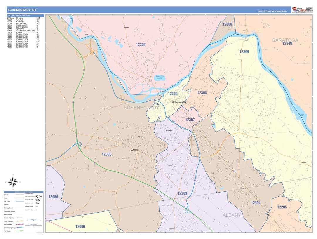 Color Cast Zip Code Style Wall Map of Schenectady, NY
