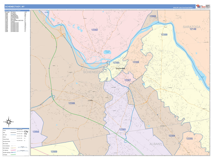 Color Cast Zip Code Style Wall Map of Schenectady, NY
