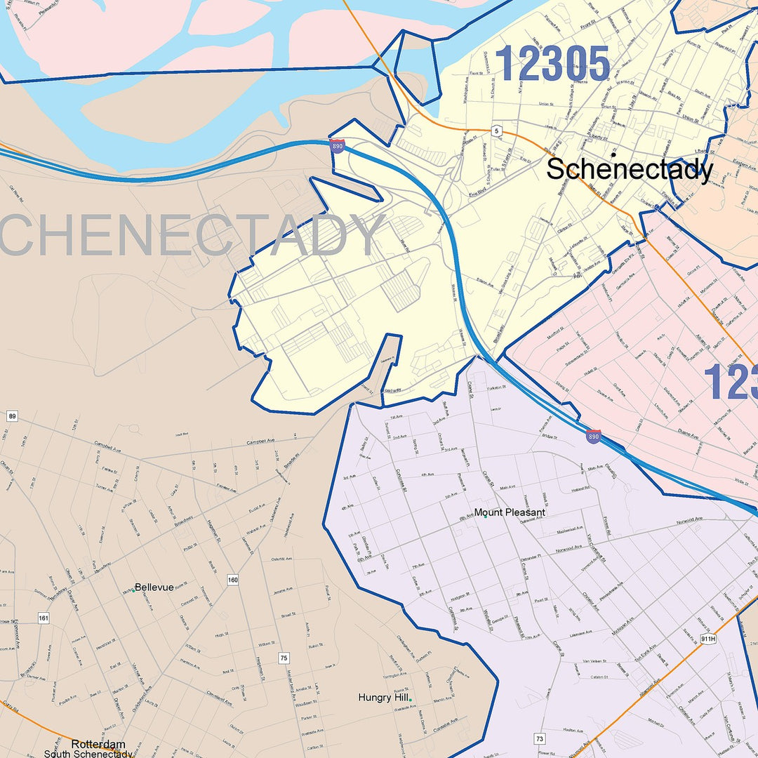 Color Cast Zip Code Style Wall Map of Schenectady, NY