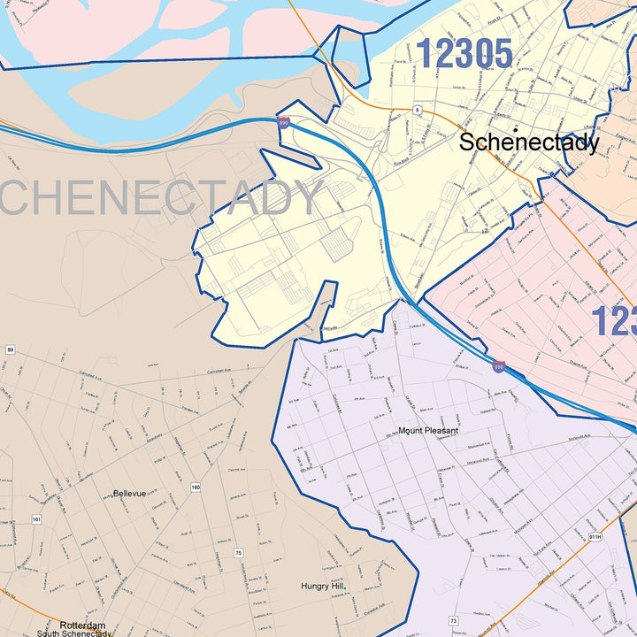 Color Cast Zip Code Style Wall Map of Schenectady, NY