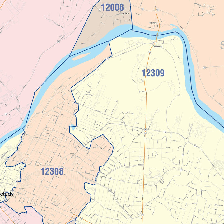 Color Cast Zip Code Style Wall Map of Schenectady, NY