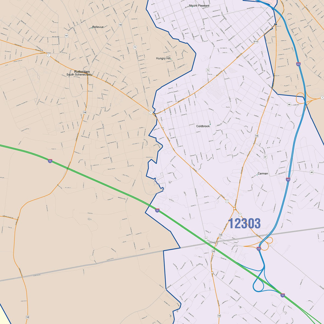 Color Cast Zip Code Style Wall Map of Schenectady, NY