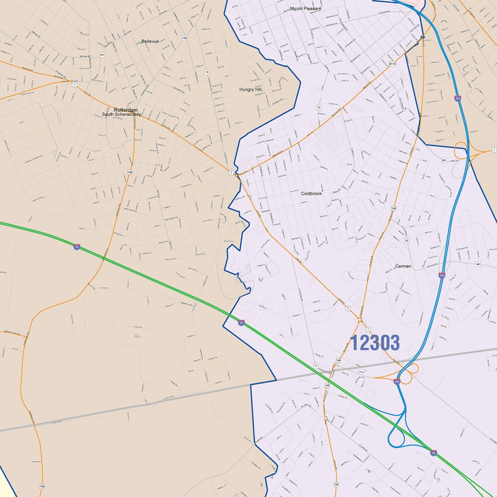 Color Cast Zip Code Style Wall Map of Schenectady, NY