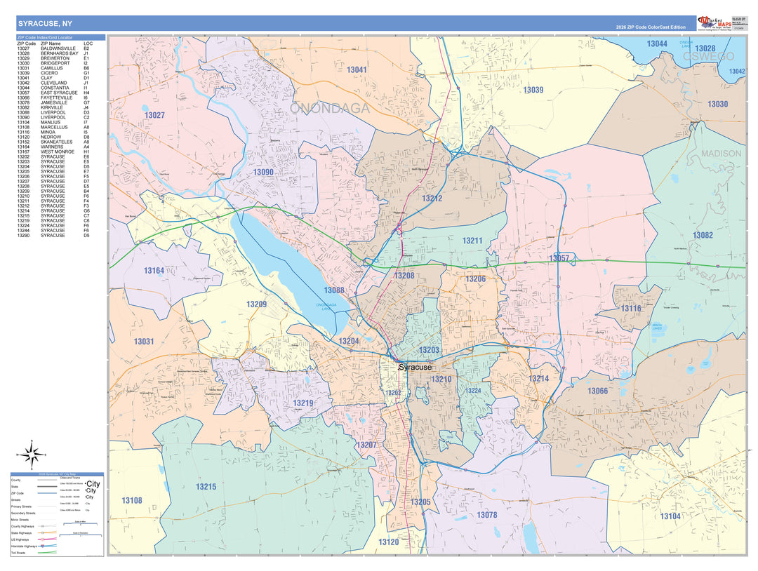 Color Cast Zip Code Style Wall Map of Syracuse, NY