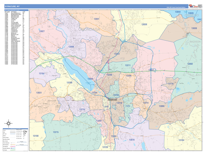 Color Cast Zip Code Style Wall Map of Syracuse, NY