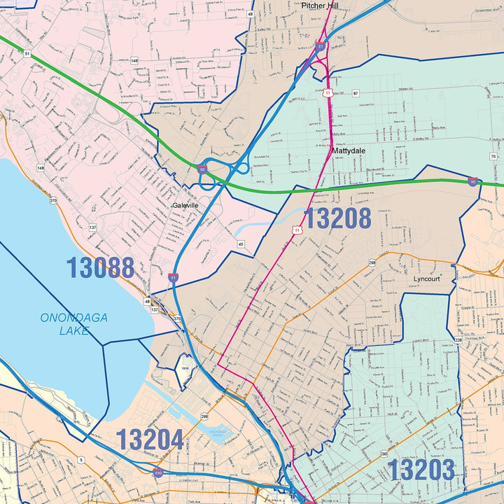 Color Cast Zip Code Style Wall Map of Syracuse, NY