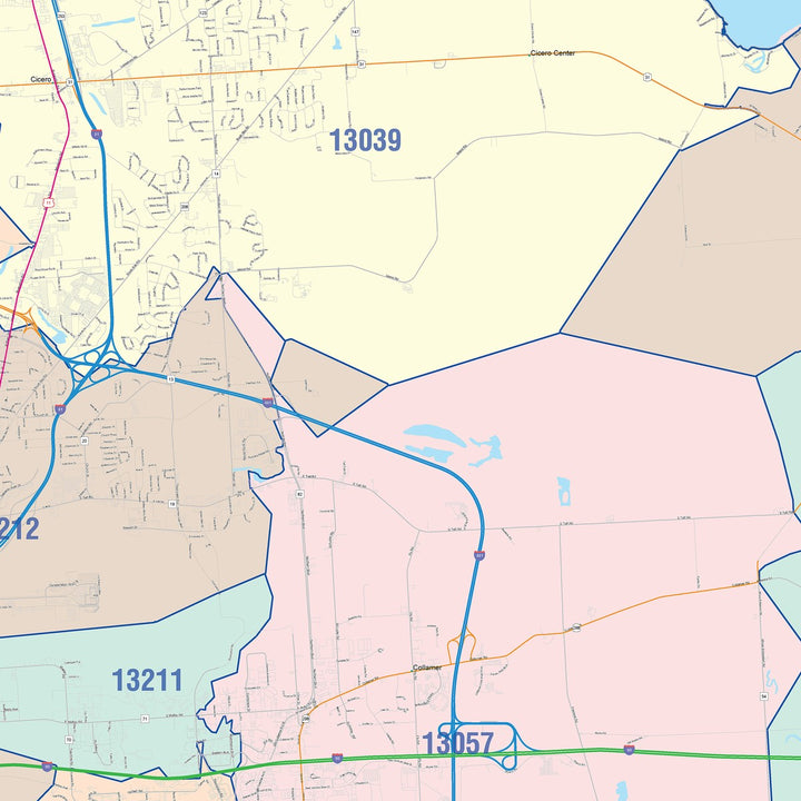 Color Cast Zip Code Style Wall Map of Syracuse, NY