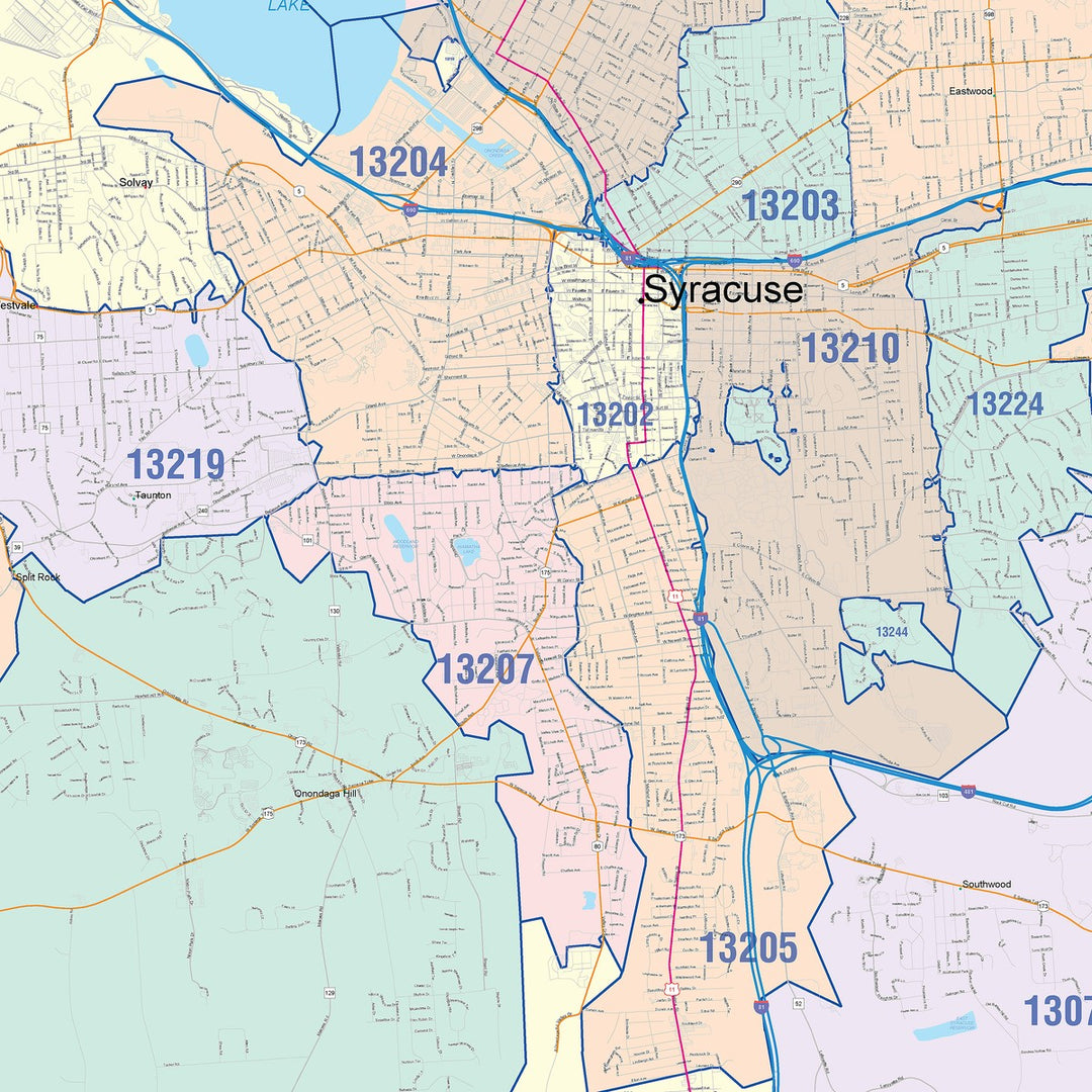 Color Cast Zip Code Style Wall Map of Syracuse, NY