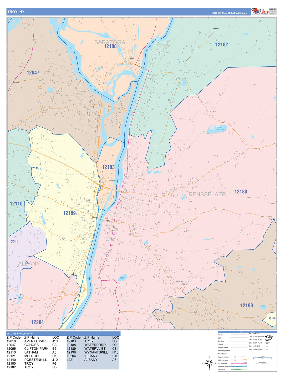Color Cast Zip Code Style Wall Map of Troy, NY