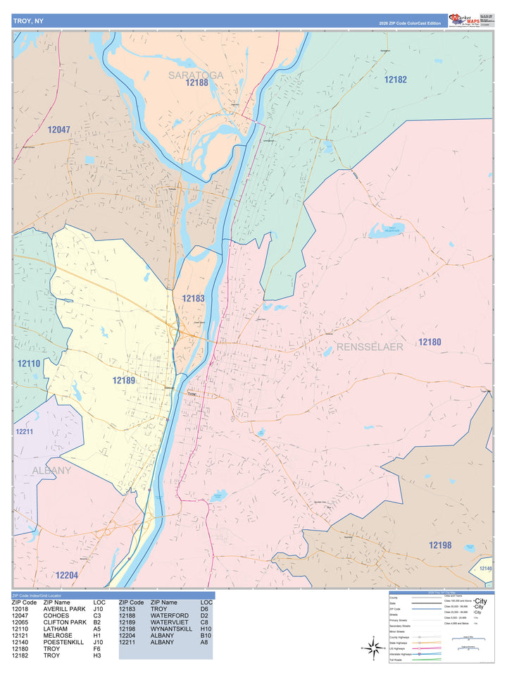Color Cast Zip Code Style Wall Map of Troy, NY