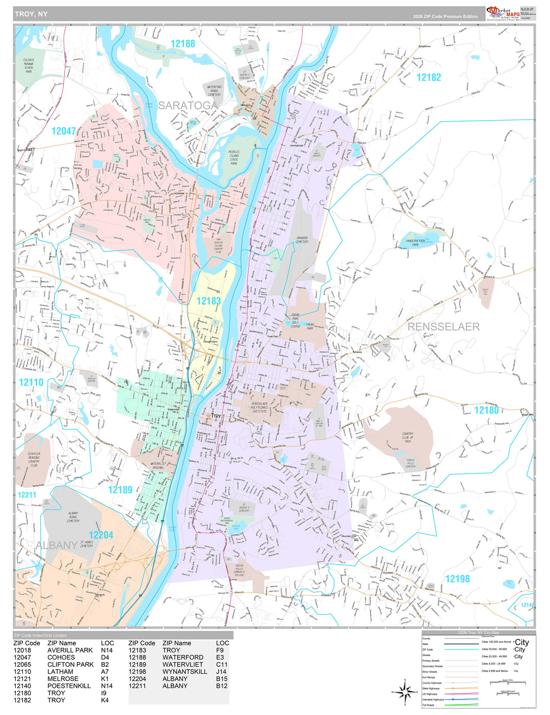 Premium Style Wall Map of Troy, NY