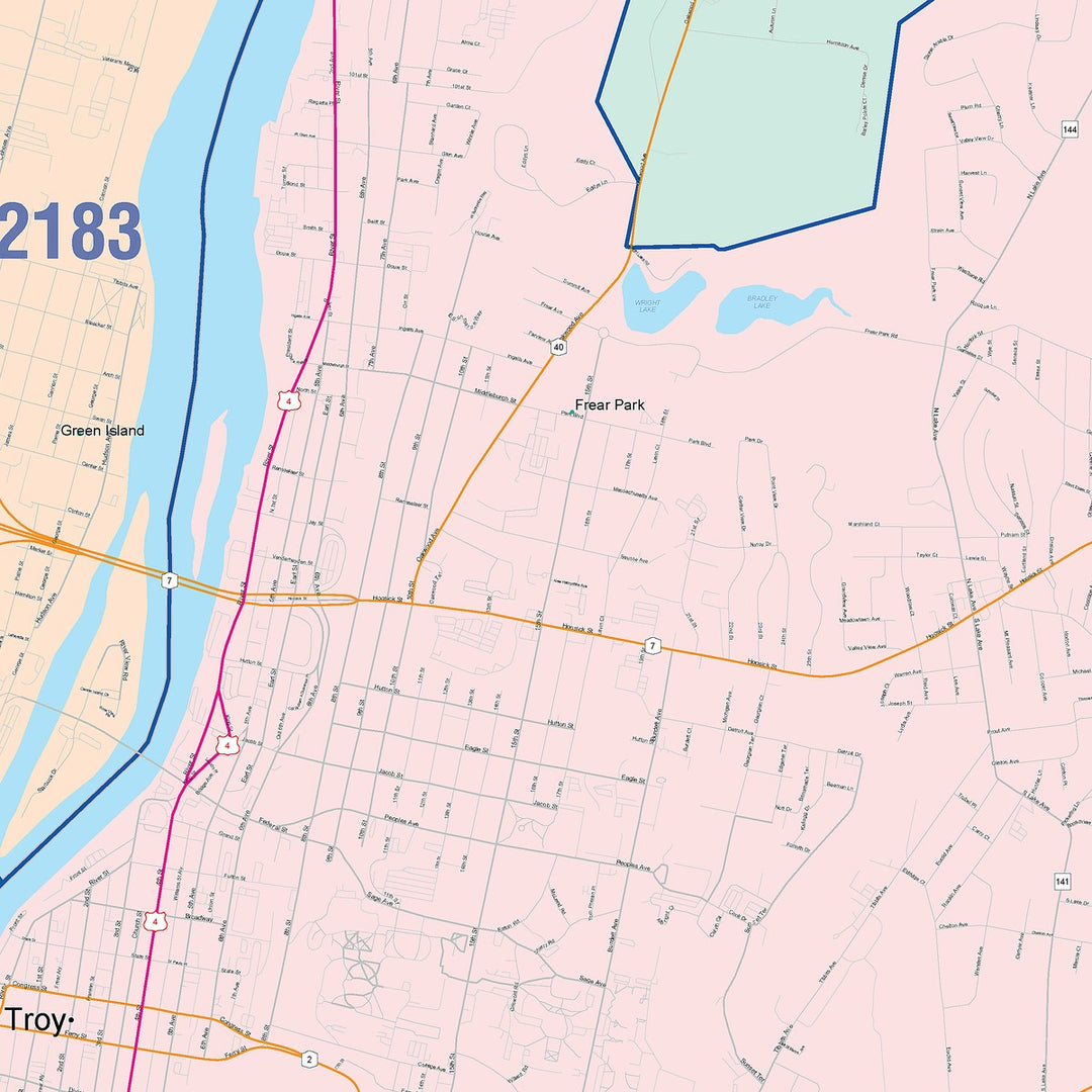 Color Cast Zip Code Style Wall Map of Troy, NY