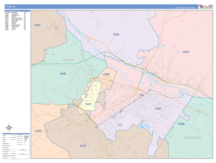Color Cast Zip Code Style Wall Map of Utica, NY