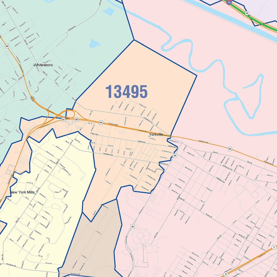 Color Cast Zip Code Style Wall Map of Utica, NY