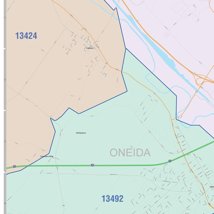Color Cast Zip Code Style Wall Map of Utica, NY