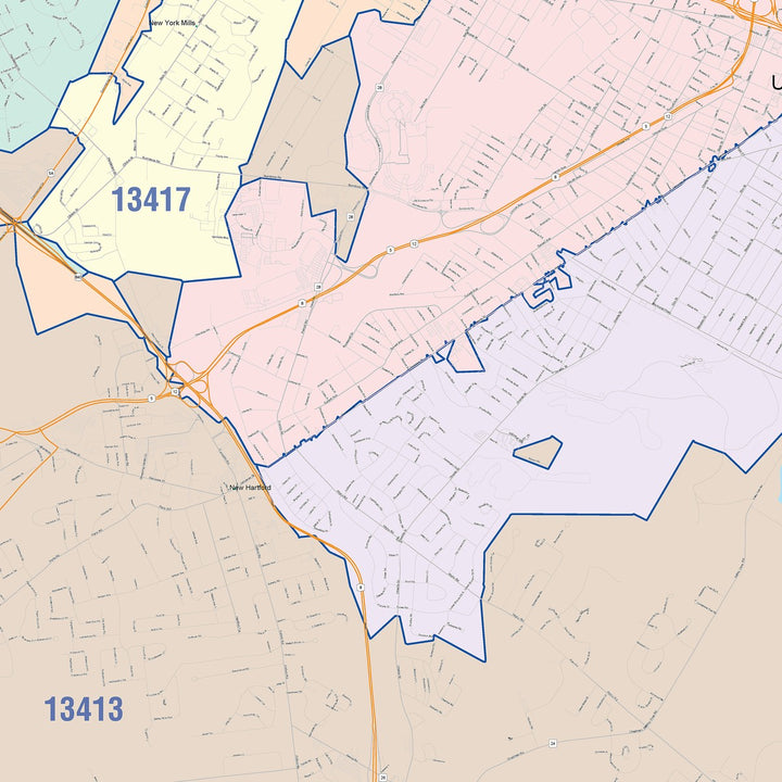 Color Cast Zip Code Style Wall Map of Utica, NY