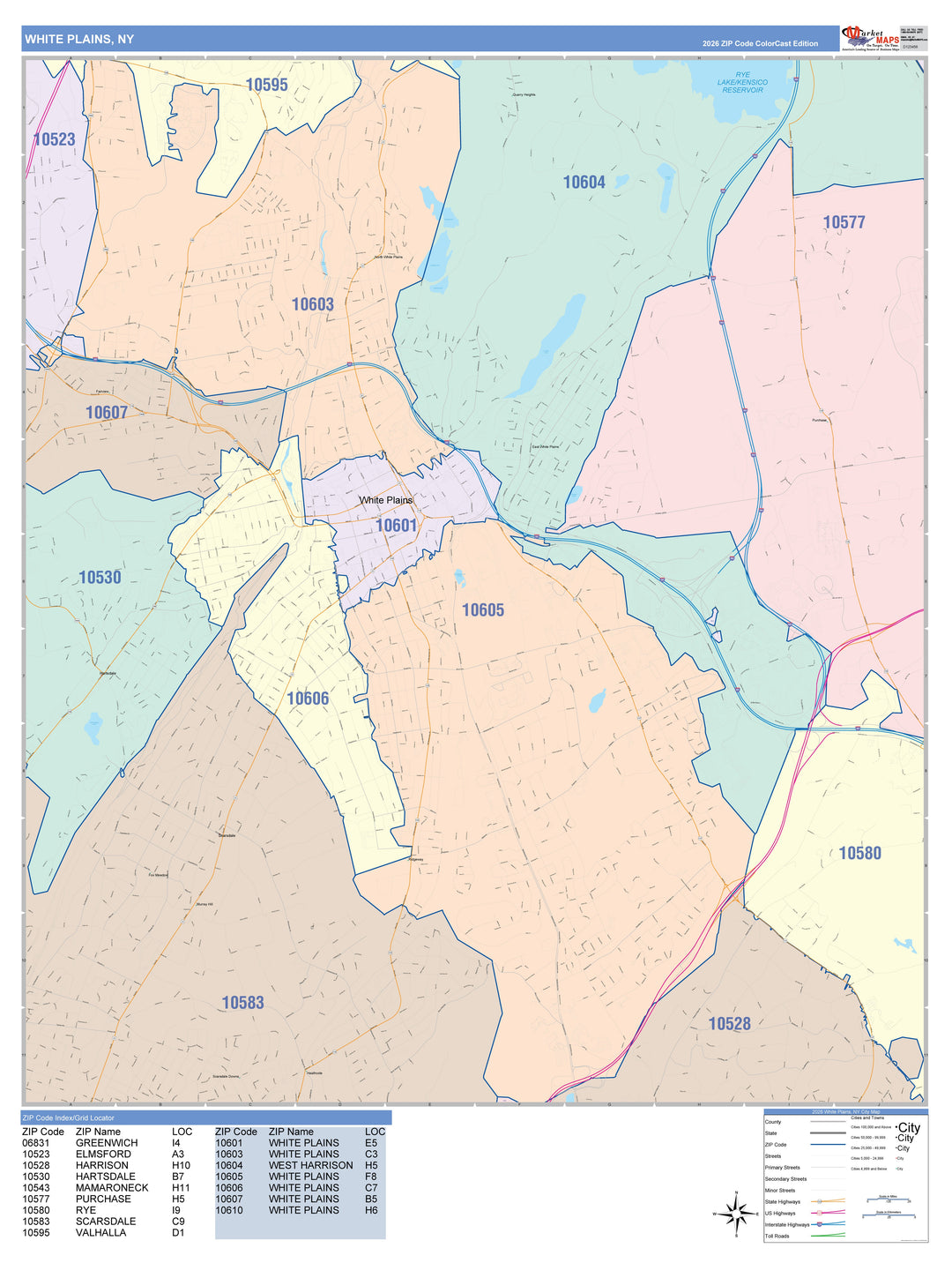 Color Cast Zip Code Style Wall Map of White Plains, NY