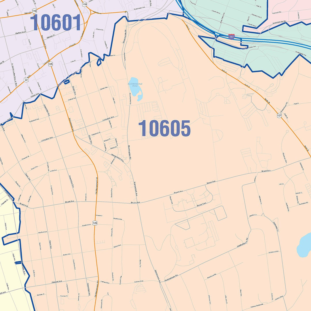 Color Cast Zip Code Style Wall Map of White Plains, NY