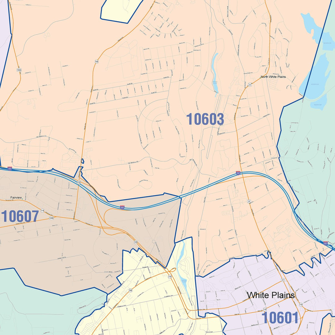 Color Cast Zip Code Style Wall Map of White Plains, NY