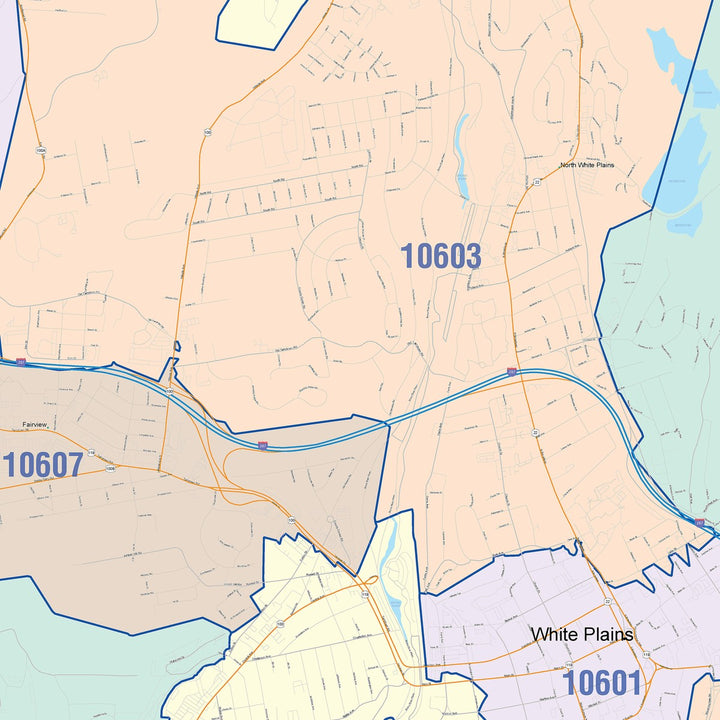 Color Cast Zip Code Style Wall Map of White Plains, NY