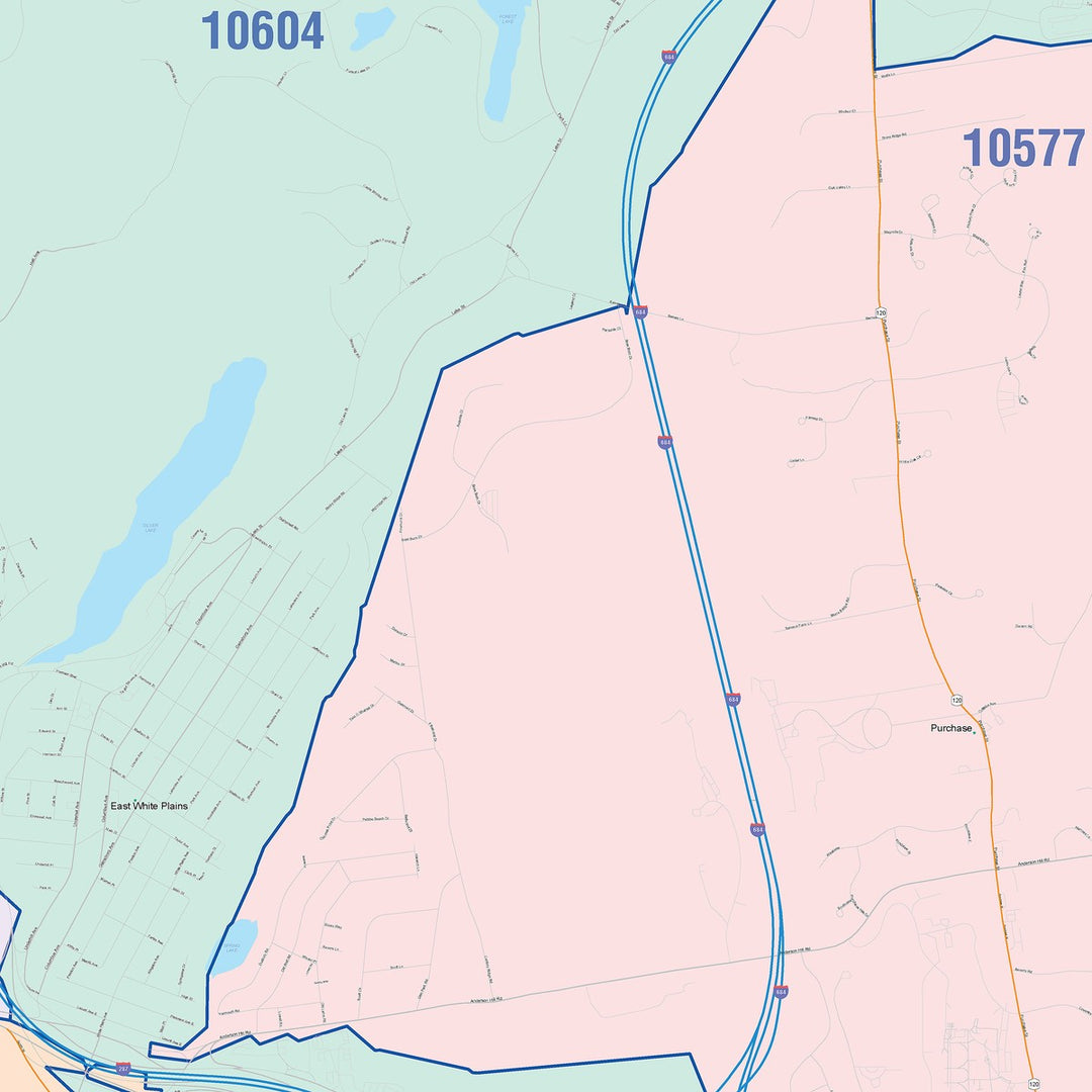 Color Cast Zip Code Style Wall Map of White Plains, NY
